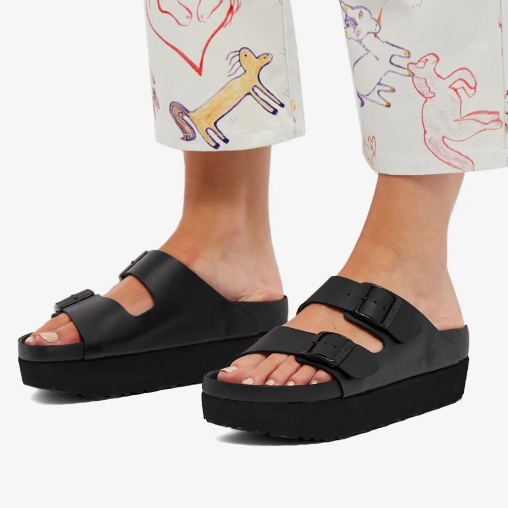 Like New Birkenstock Papillio Arizona Exquisite Platform Black Leather Worn 1x